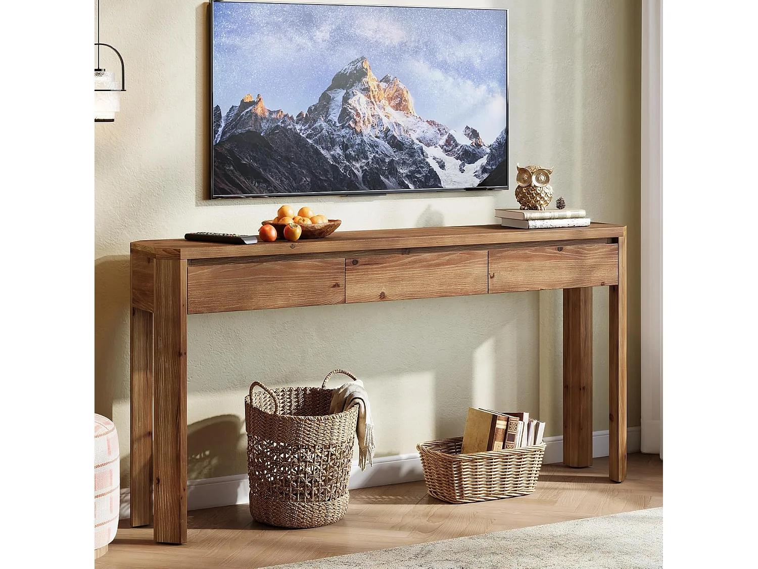 Mesa de Console de Madeira Sólida com 3 Gavetas, Mesa de Entrada de 160cm de Comprimento com Cantos Arredondados