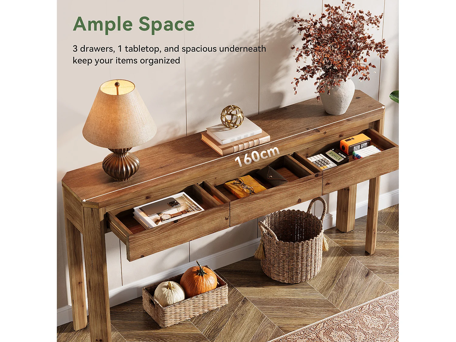 Mesa de Console de Madeira Sólida com 3 Gavetas, Mesa de Entrada de 160cm de Comprimento com Cantos Arredondados