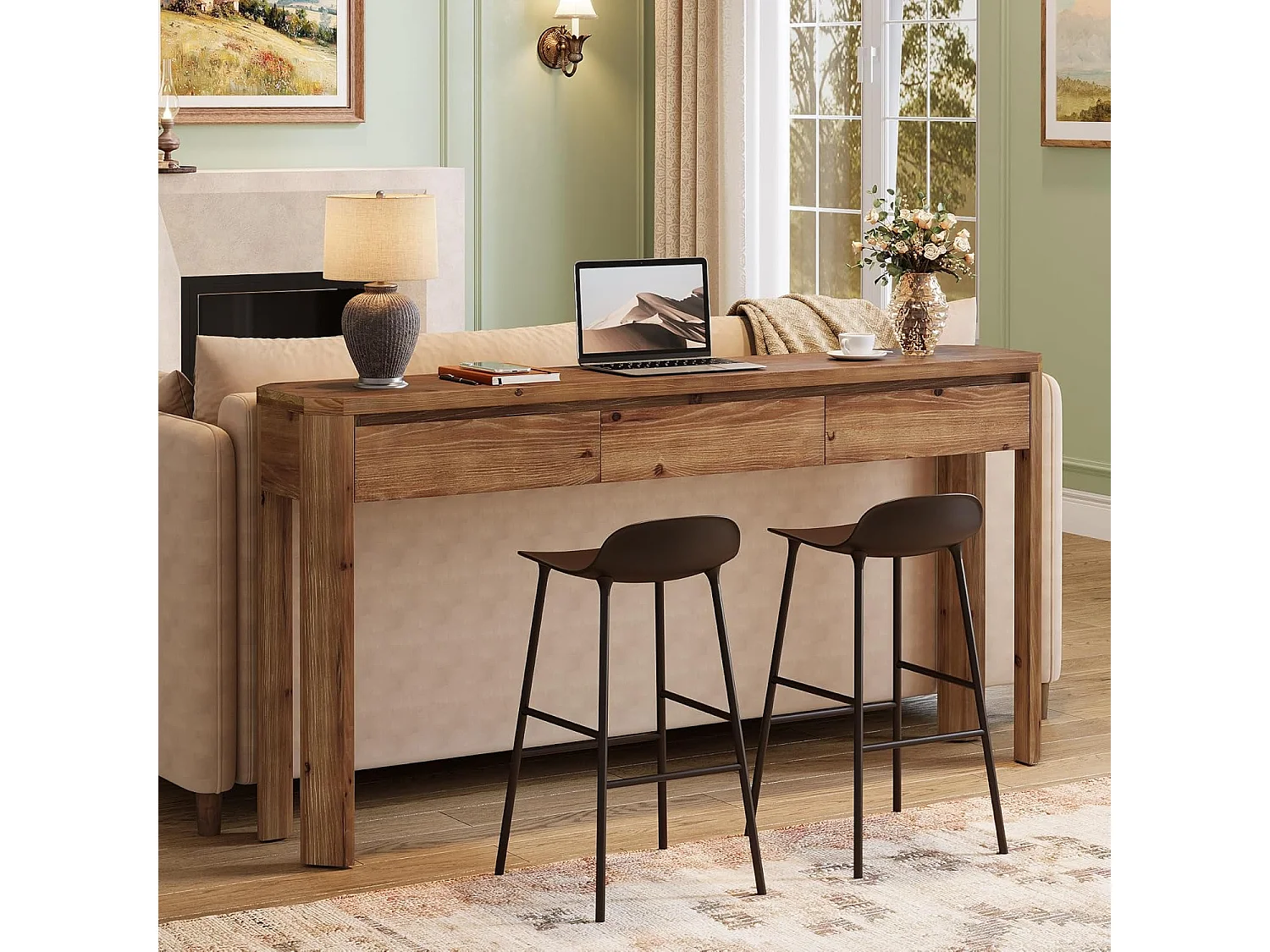 Mesa de Console de Madeira Sólida com 3 Gavetas, Mesa de Entrada de 160cm de Comprimento com Cantos Arredondados