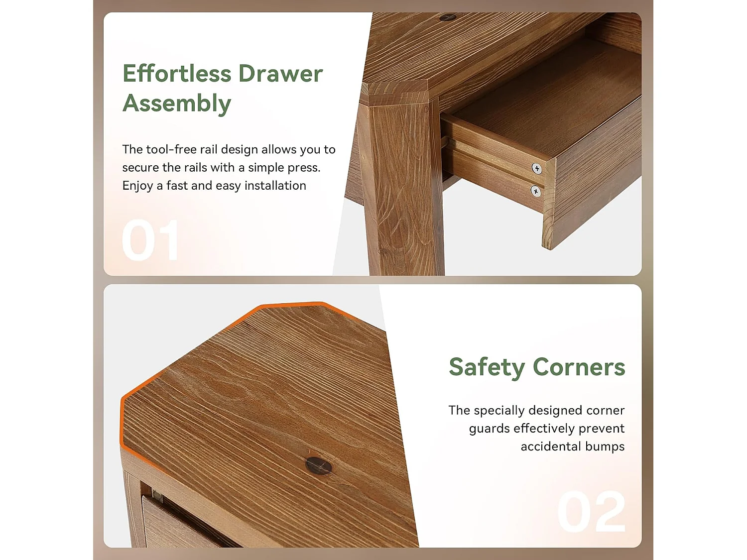 Mesa de Console de Madeira Sólida com 3 Gavetas, Mesa de Entrada de 160cm de Comprimento com Cantos Arredondados