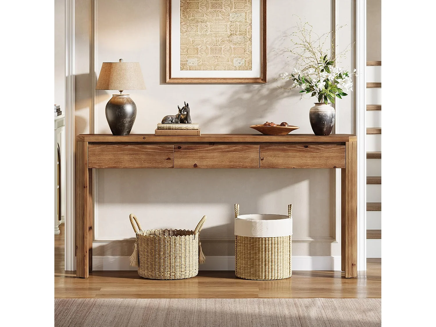 Mesa de Console de Madeira Sólida com 3 Gavetas, Mesa de Entrada de 160cm de Comprimento com Cantos Arredondados