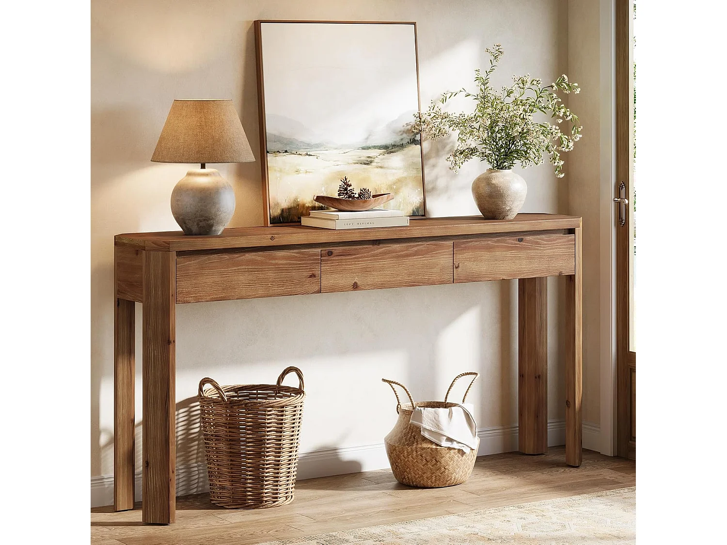 Mesa de Console de Madeira Sólida com 3 Gavetas, Mesa de Entrada de 160cm de Comprimento com Cantos Arredondados