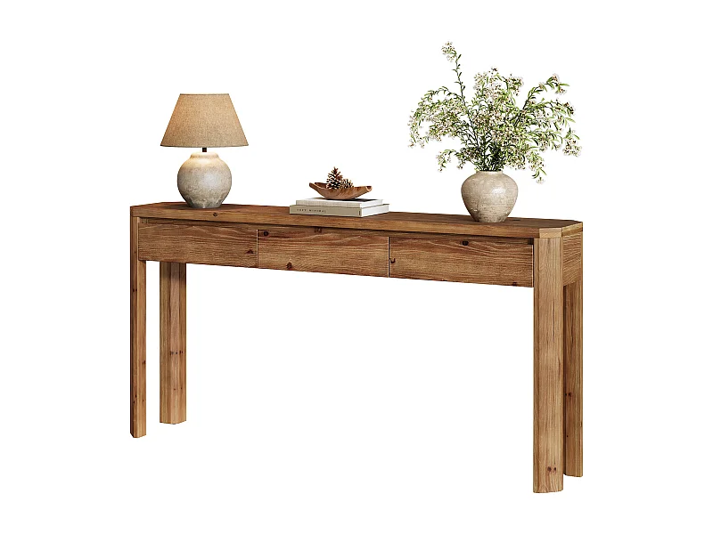 Mesa de Console de Madeira Sólida com 3 Gavetas, Mesa de Entrada de 160cm de Comprimento com Cantos Arredondados