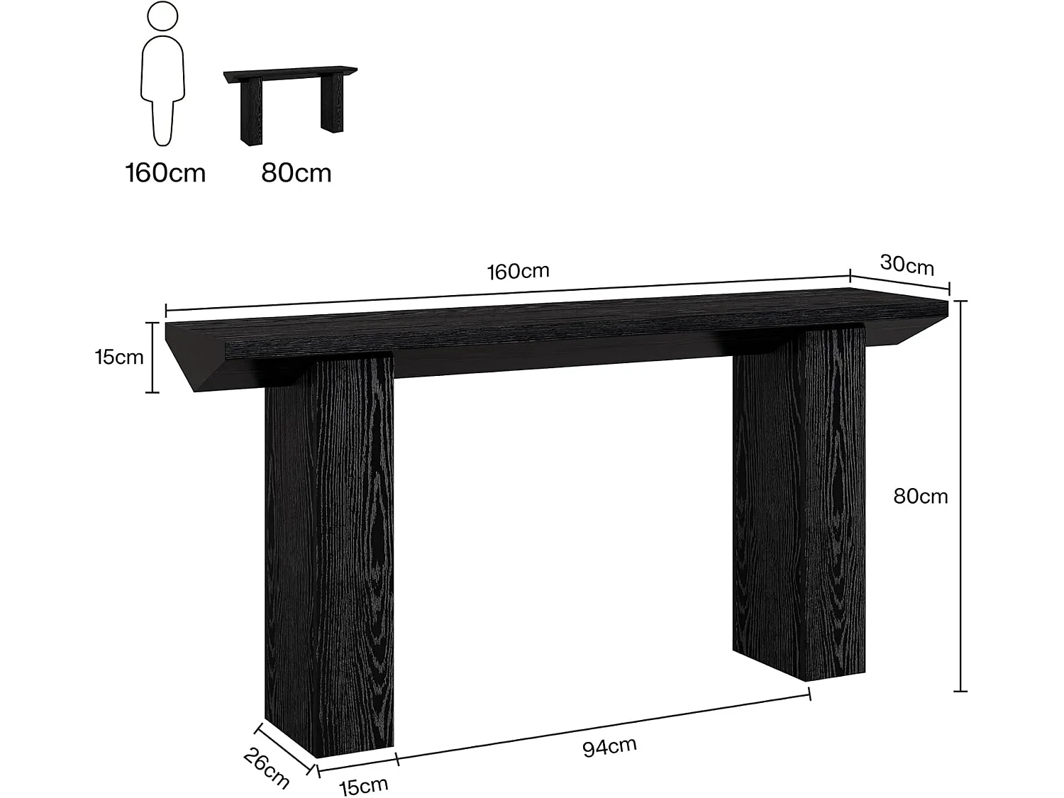 Konsolbord för entré, 160 cm svart smalt långt soffbord