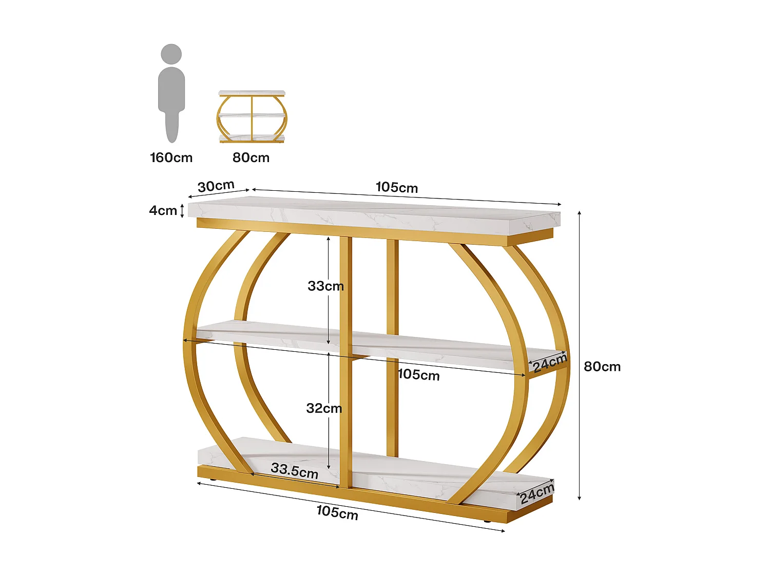 Console de 105 cm, table d'entrée industrielle à 3 niveaux avec structure métallique arquée