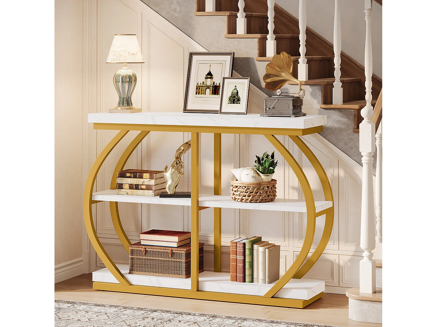 Console de 105 cm, table d'entrée industrielle à 3 niveaux avec structure métallique arquée