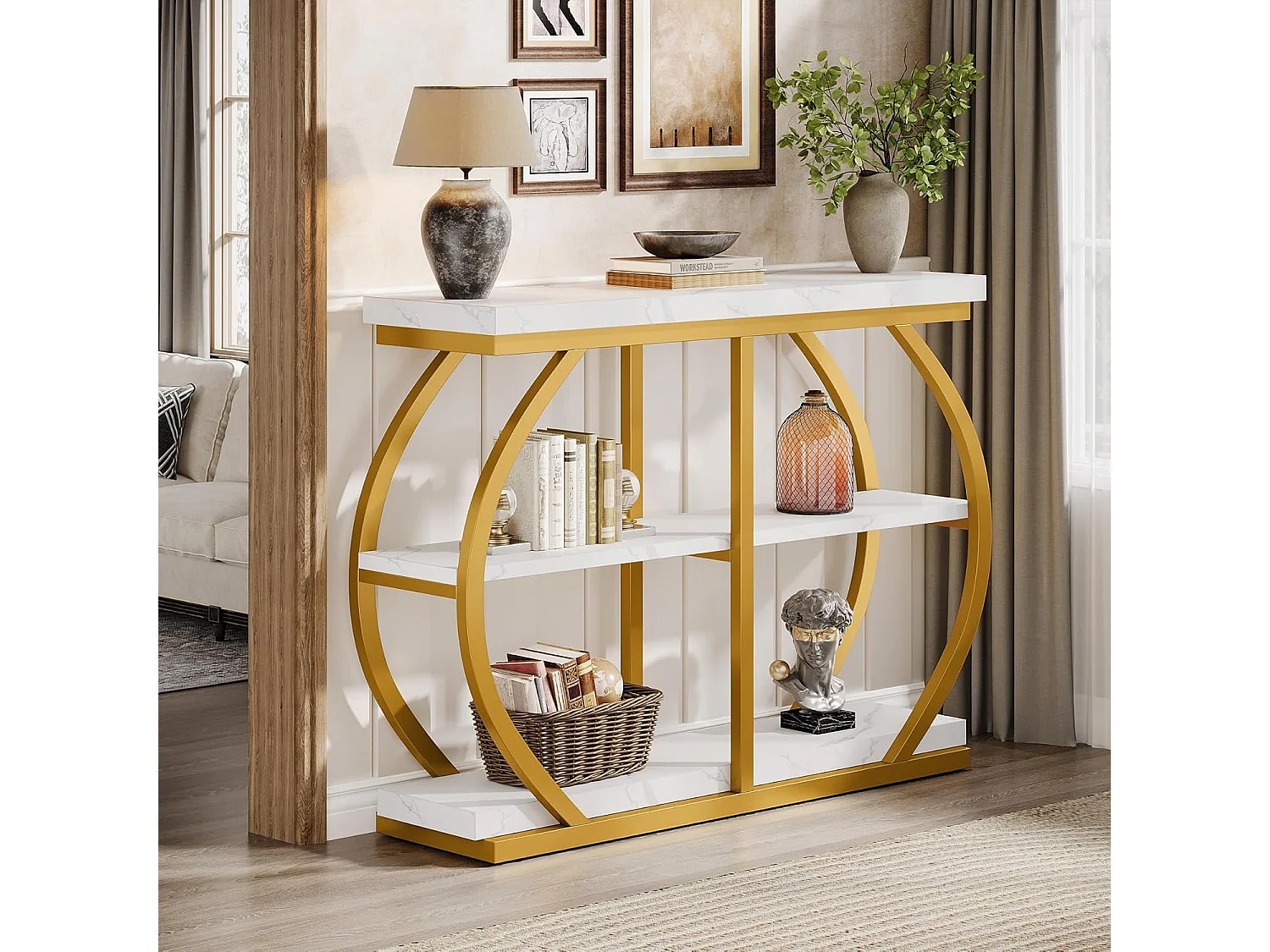 Console de 105 cm, table d'entrée industrielle à 3 niveaux avec structure métallique arquée