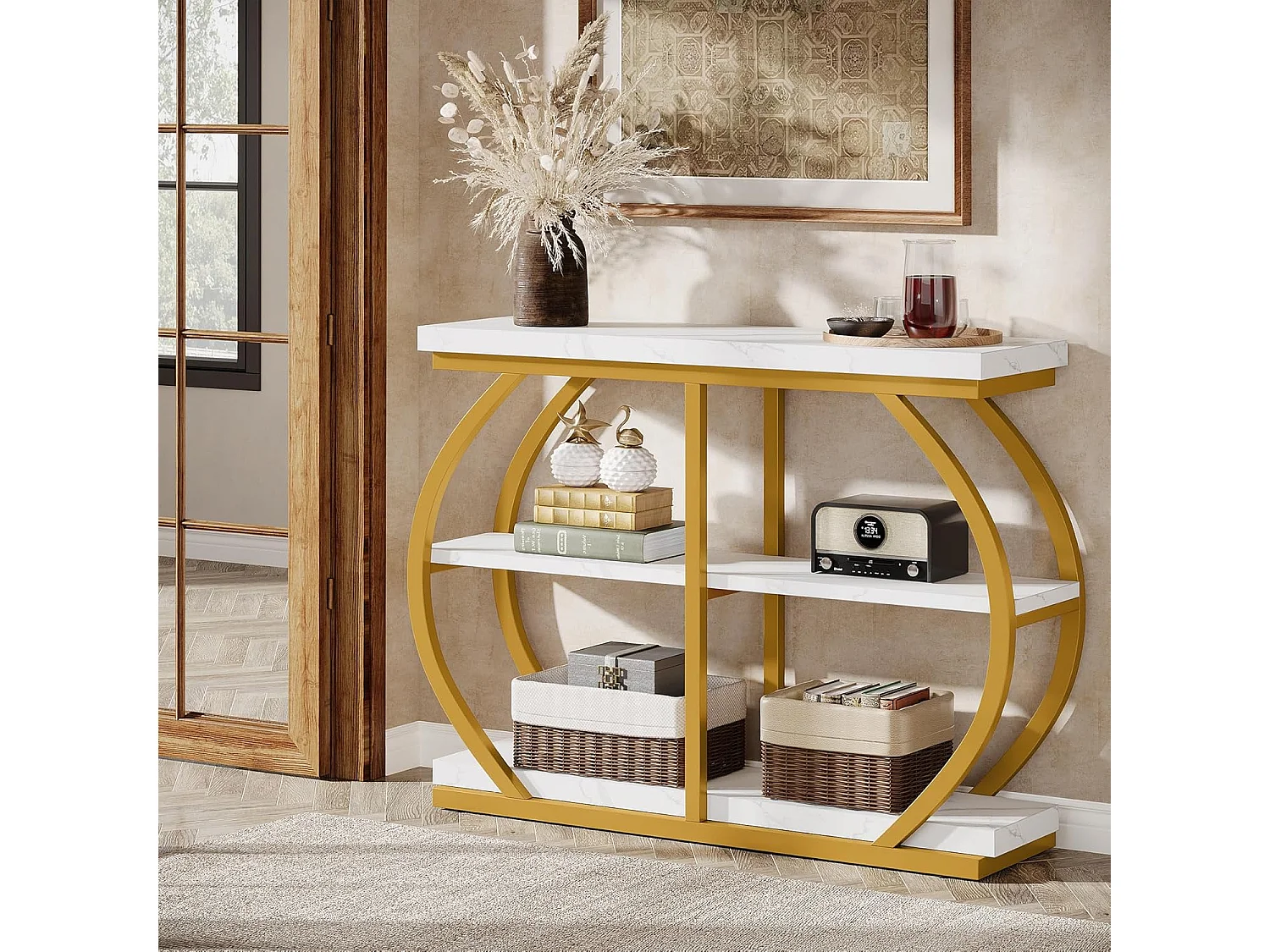 Console de 105 cm, table d'entrée industrielle à 3 niveaux avec structure métallique arquée