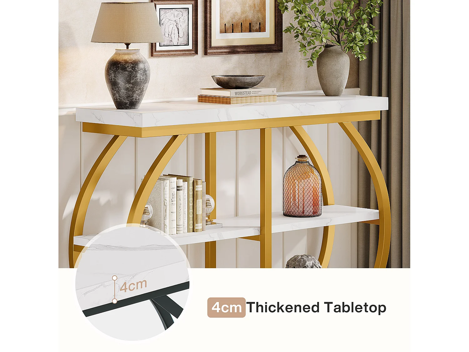 Console de 105 cm, table d'entrée industrielle à 3 niveaux avec structure métallique arquée