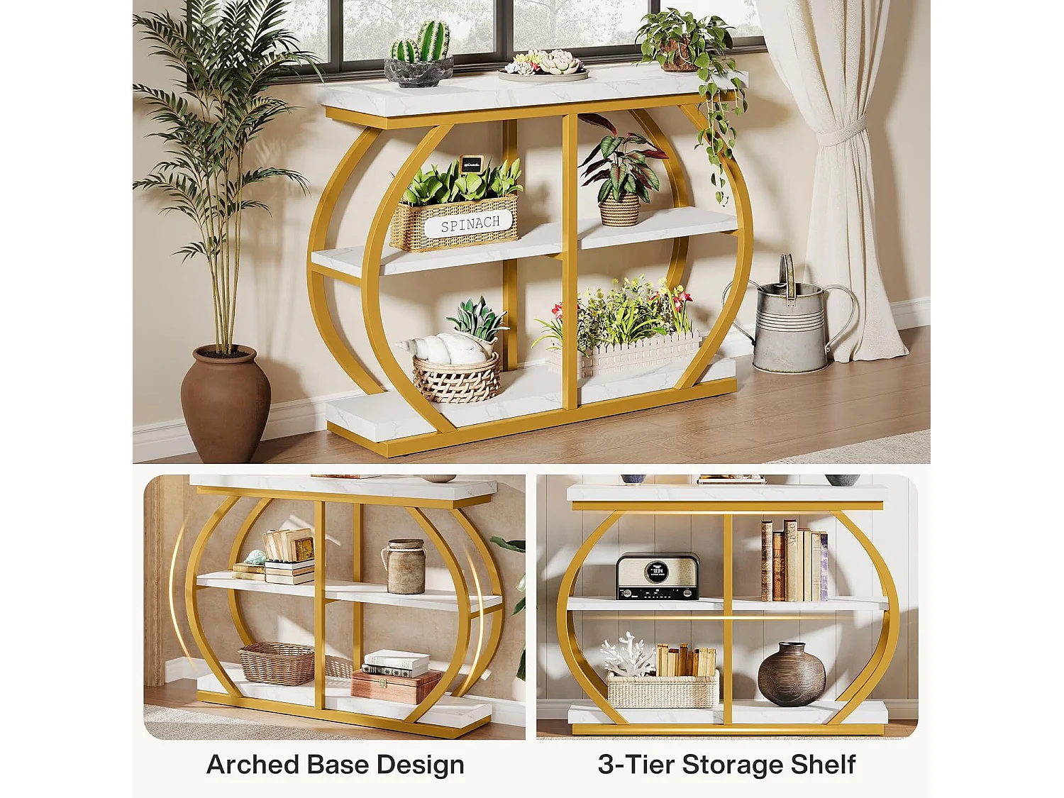 Console de 105 cm, table d'entrée industrielle à 3 niveaux avec structure métallique arquée