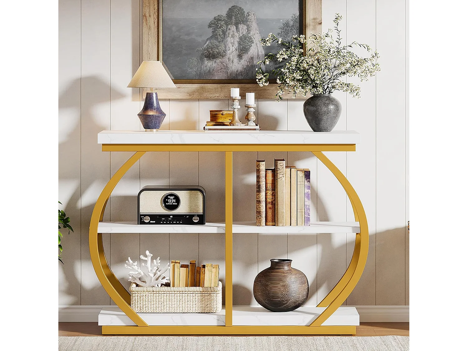 Console de 105 cm, table d'entrée industrielle à 3 niveaux avec structure métallique arquée