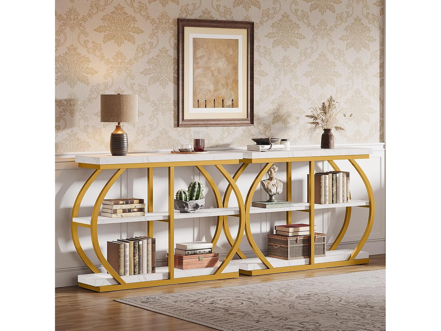 Console de 105 cm, table d'entrée industrielle à 3 niveaux avec structure métallique arquée