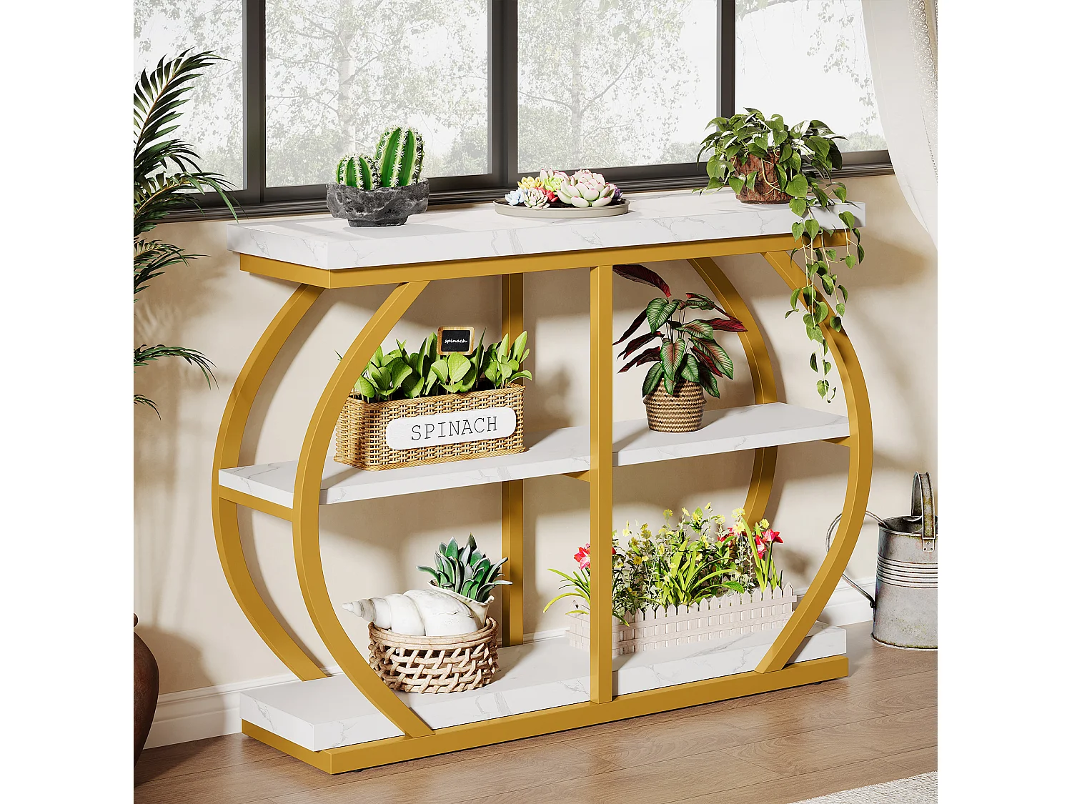 Console de 105 cm, table d'entrée industrielle à 3 niveaux avec structure métallique arquée