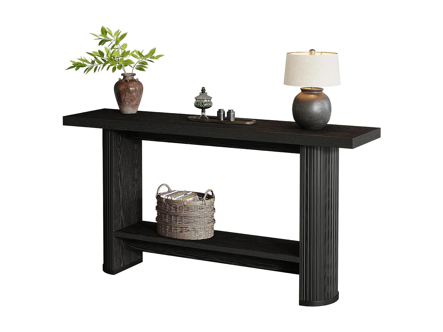 Mesa de consola estrecha de 140 cm con estante de almacenamiento, mesa de sofá rústica para entrada