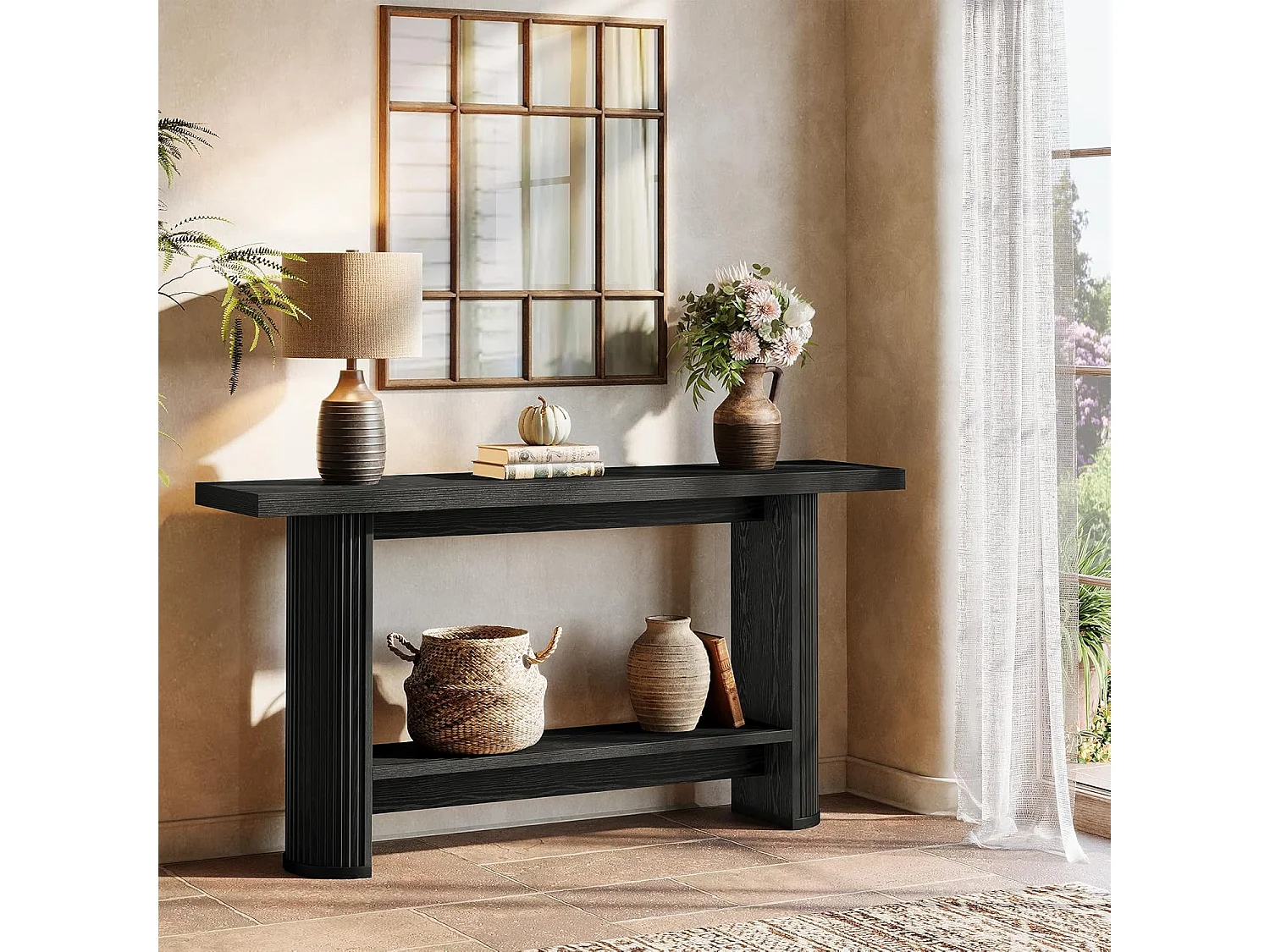 Mesa de consola estrecha de 140 cm con estante de almacenamiento, mesa de sofá rústica para entrada