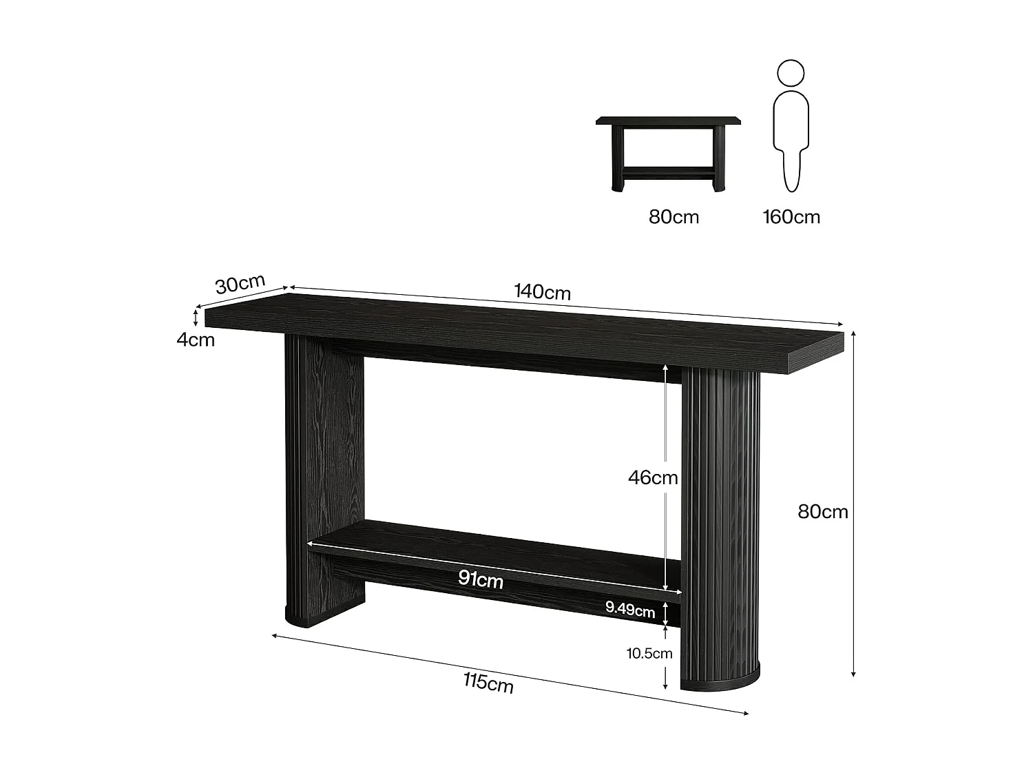 Mesa de consola estrecha de 140 cm con estante de almacenamiento, mesa de sofá rústica para entrada