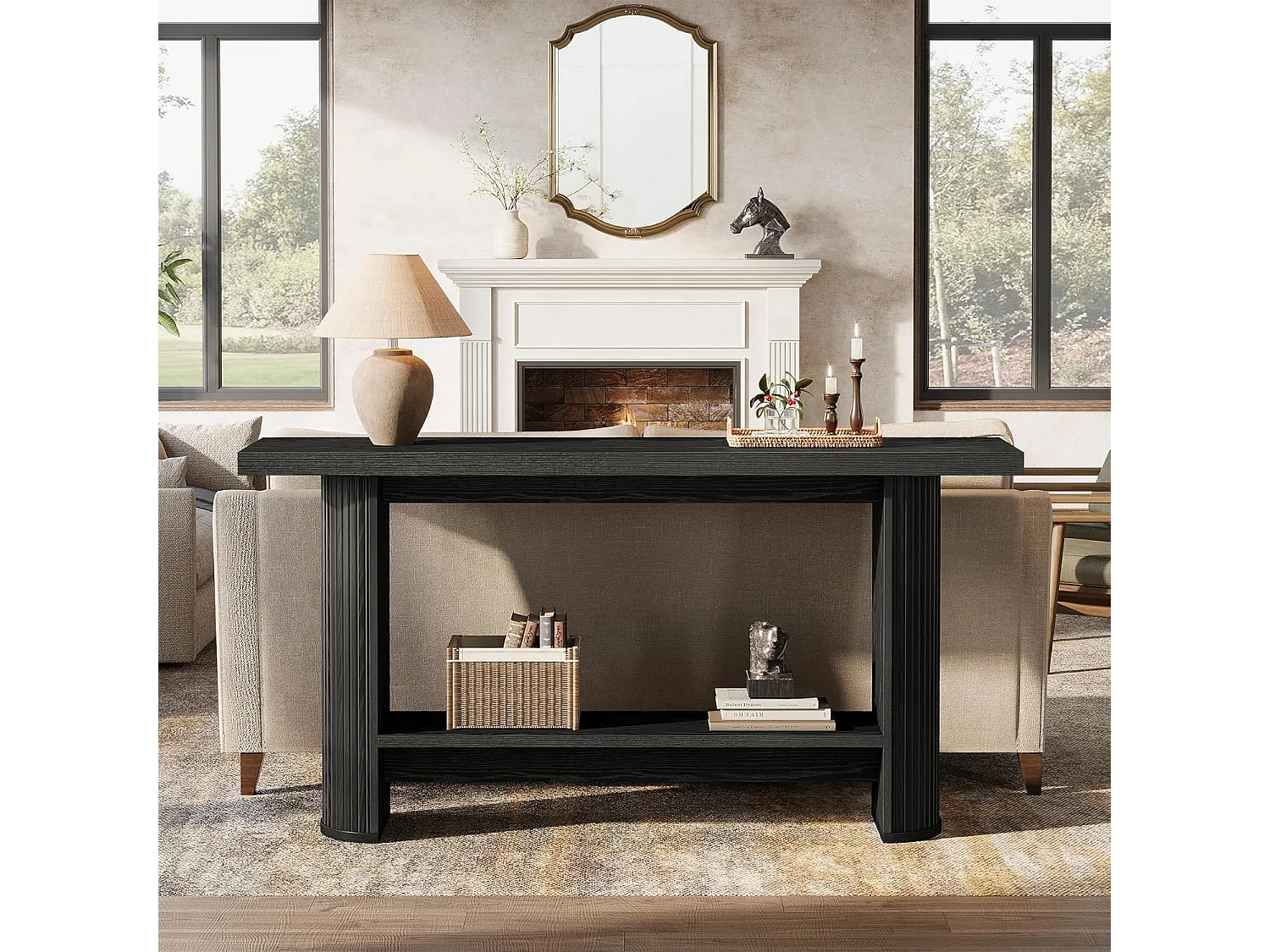 Mesa de consola estrecha de 140 cm con estante de almacenamiento, mesa de sofá rústica para entrada