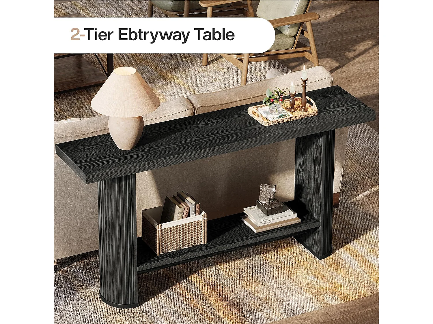 Mesa de consola estrecha de 140 cm con estante de almacenamiento, mesa de sofá rústica para entrada