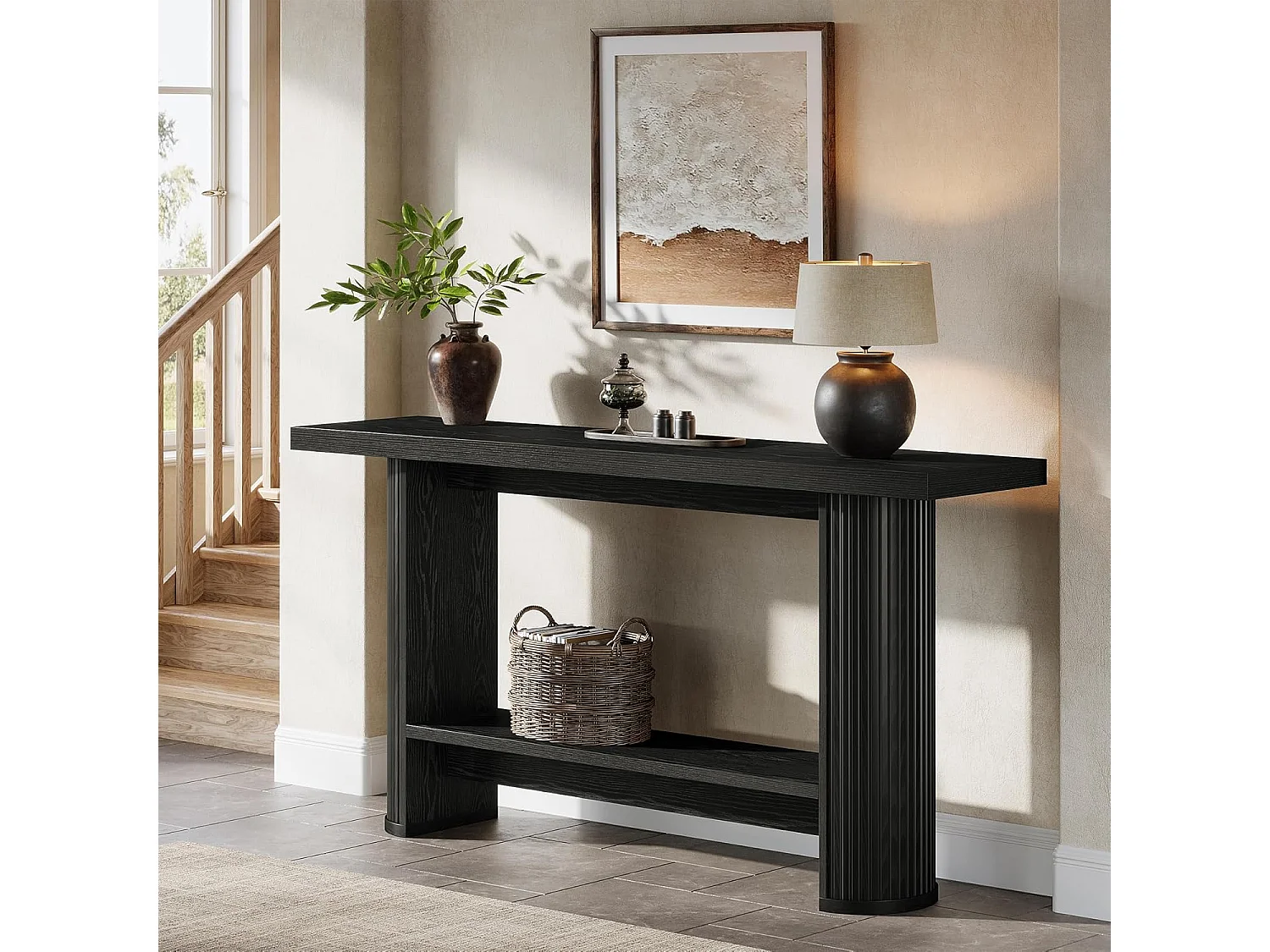 Mesa de consola estrecha de 140 cm con estante de almacenamiento, mesa de sofá rústica para entrada