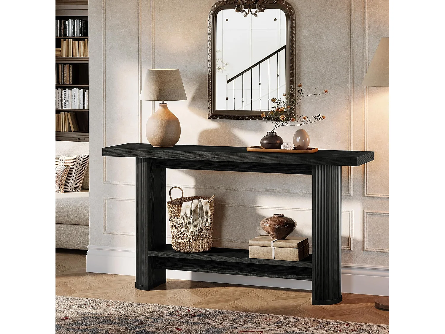 Mesa de consola estrecha de 140 cm con estante de almacenamiento, mesa de sofá rústica para entrada