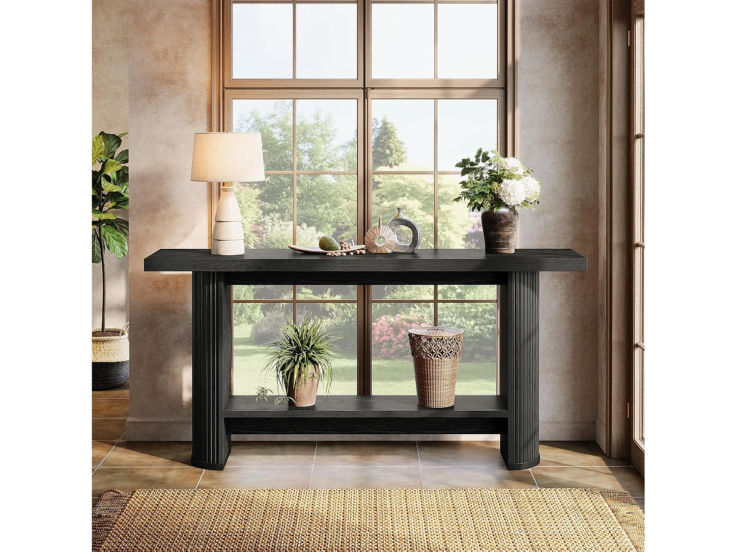 Mesa de consola estrecha de 140 cm con estante de almacenamiento, mesa de sofá rústica para entrada