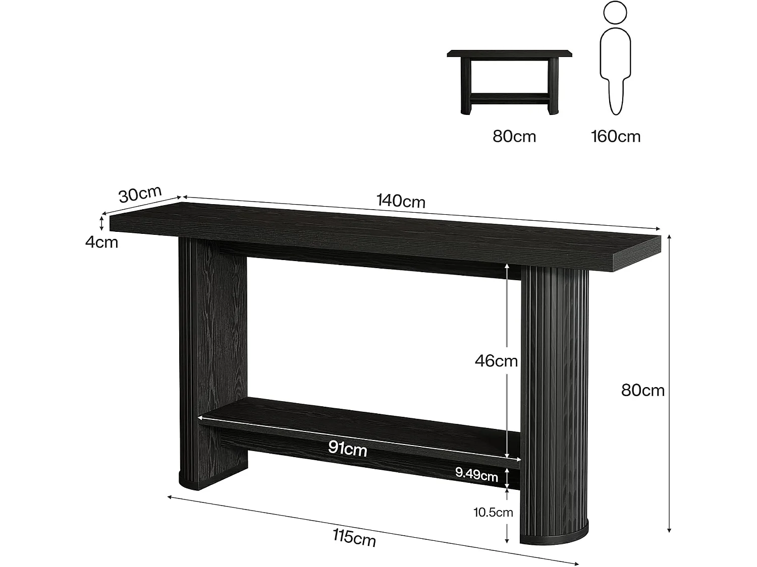 Console étroite de 140 cm avec étagère de rangement, style rustique, idéale pour une entrée ou comme table basse.