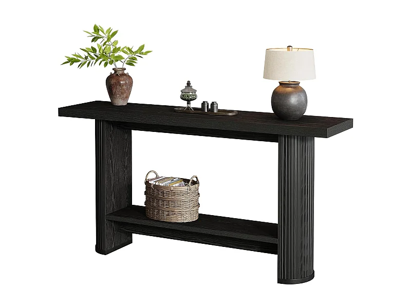Mesa de consola estrecha de 140 cm con estante de almacenamiento, mesa de sofá rústica para entrada