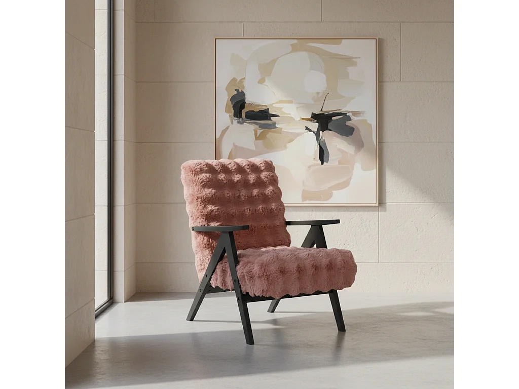 Fauteuil Capri - Tissu Bouclette Rose Sale (Dirty Pink) - Pieds Noirs - Design Moderne