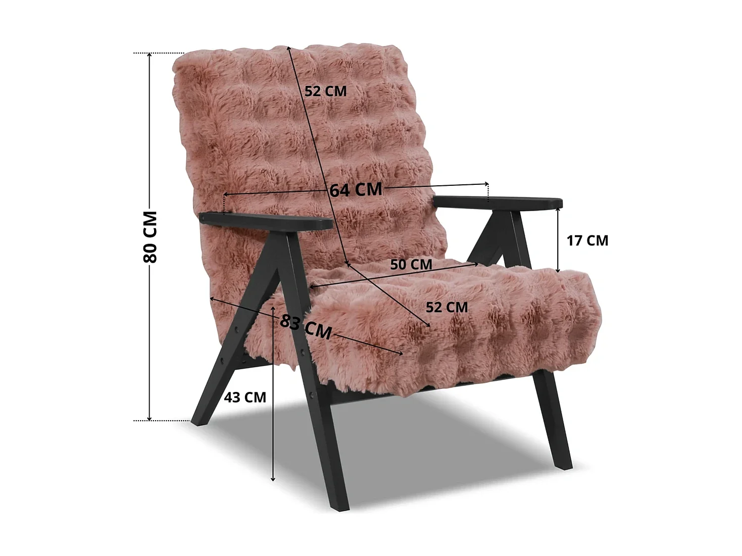 Fauteuil Capri - Tissu Bouclette Rose Sale (Dirty Pink) - Pieds Noirs - Design Moderne