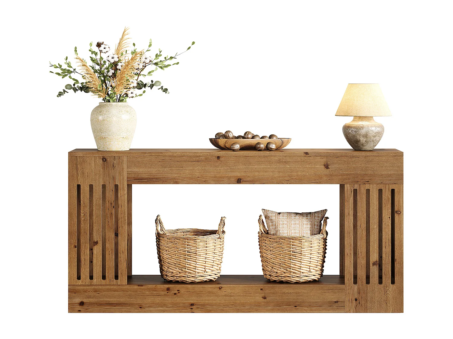 Mesa de Sofá de Madeira Sólida de 160cm, Mesa de Consola Rustica atrás do Sofá com Pernas de Listras Verticais, 2 Andares