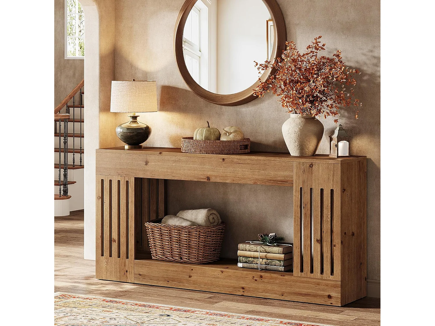 Mesa de Sofá de Madeira Sólida de 160cm, Mesa de Consola Rustica atrás do Sofá com Pernas de Listras Verticais, 2 Andares