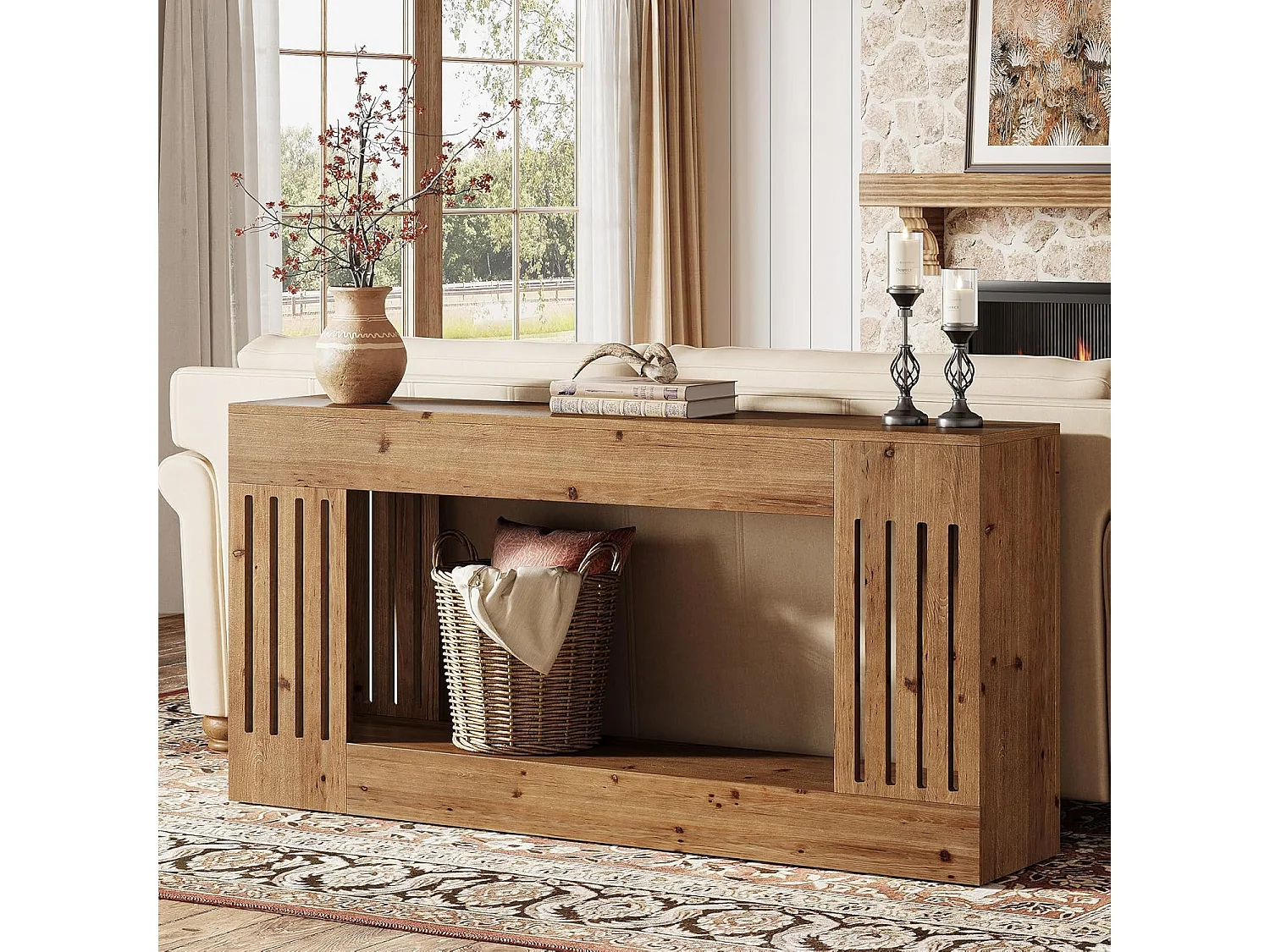 Mesa de Sofá de Madeira Sólida de 160cm, Mesa de Consola Rustica atrás do Sofá com Pernas de Listras Verticais, 2 Andares