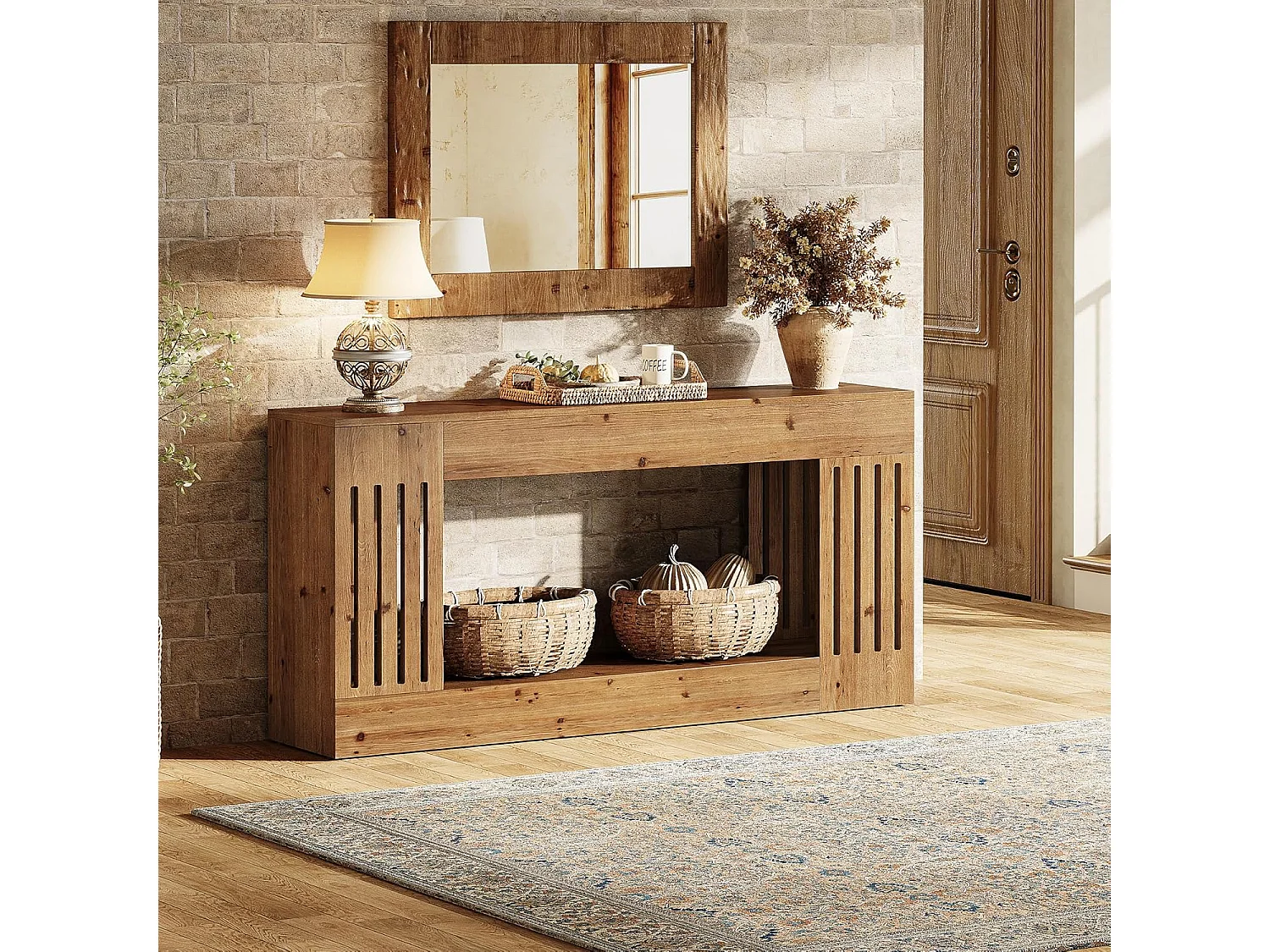 Mesa de Sofá de Madeira Sólida de 160cm, Mesa de Consola Rustica atrás do Sofá com Pernas de Listras Verticais, 2 Andares