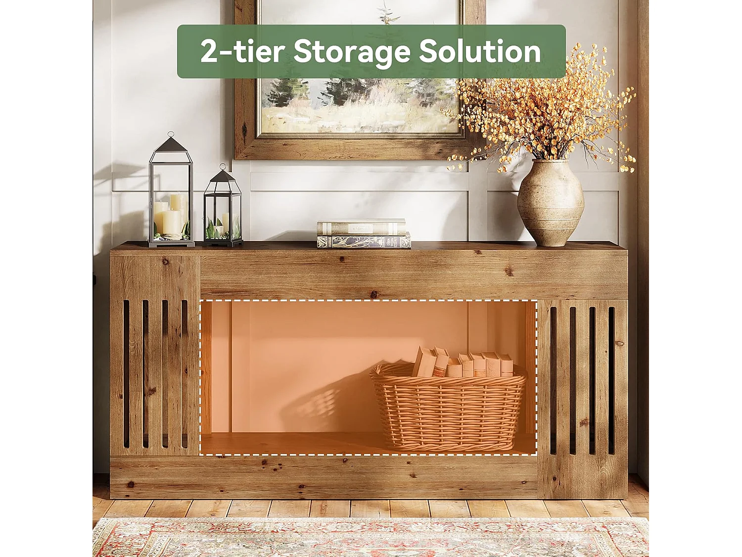 Mesa de Sofá de Madeira Sólida de 160cm, Mesa de Consola Rustica atrás do Sofá com Pernas de Listras Verticais, 2 Andares