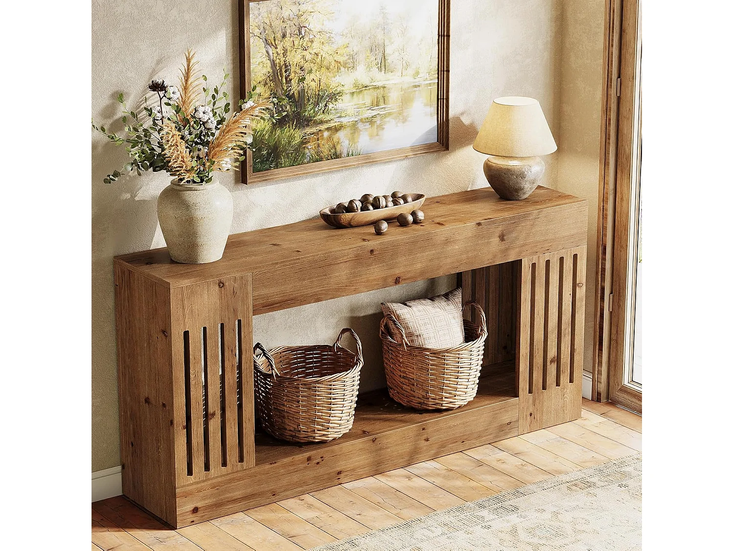 Mesa de Sofá de Madeira Sólida de 160cm, Mesa de Consola Rustica atrás do Sofá com Pernas de Listras Verticais, 2 Andares