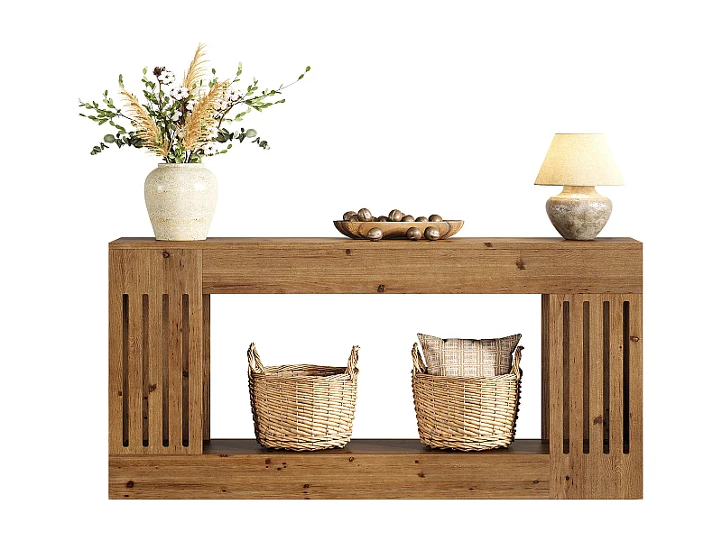 Mesa de Sofá de Madeira Sólida de 160cm, Mesa de Consola Rustica atrás do Sofá com Pernas de Listras Verticais, 2 Andares