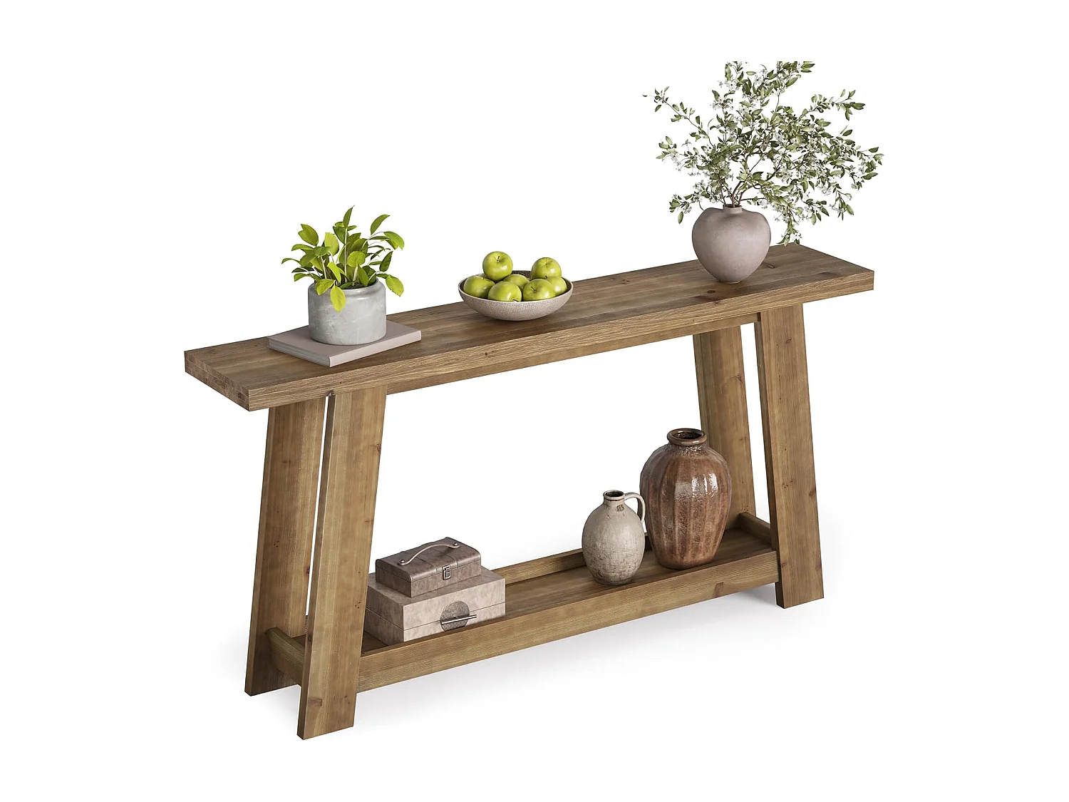 Mesa de Consola em Madeira Sólida de 160cm, Mesa de Entrada Rural com Prateleira de 2 Níveis