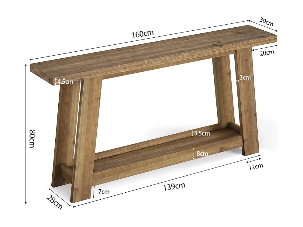 Mesa de Consola em Madeira Sólida de 160cm, Mesa de Entrada Rural com Prateleira de 2 Níveis