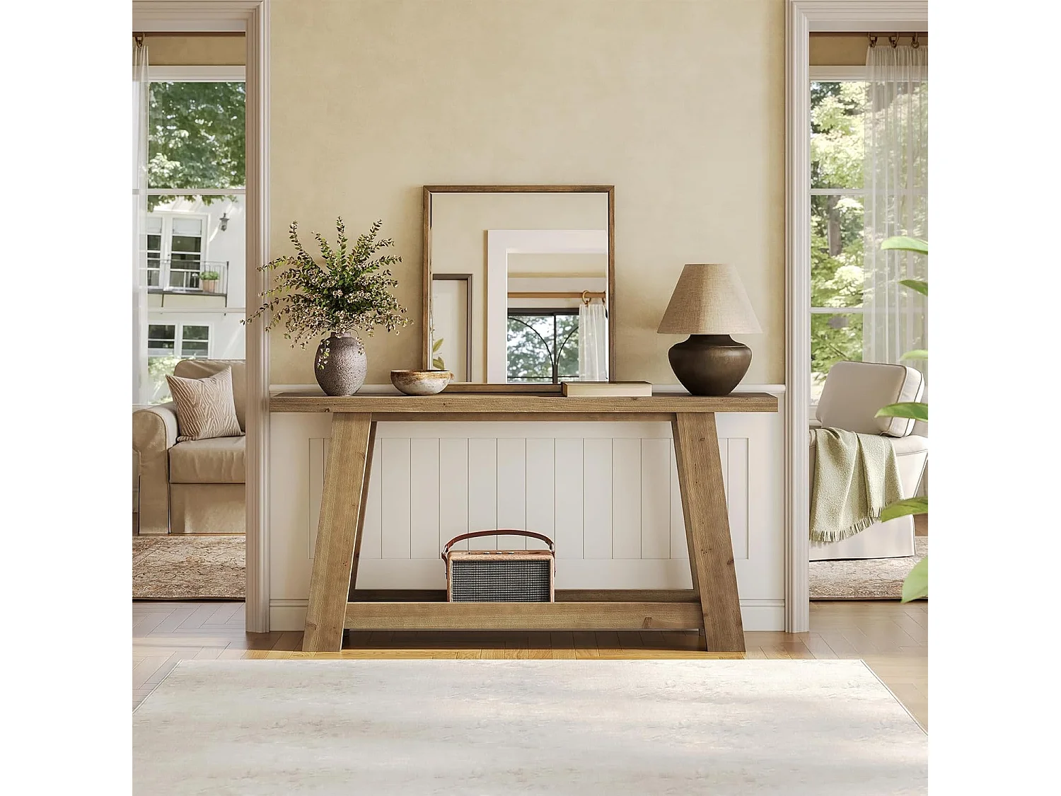 Mesa de Consola em Madeira Sólida de 160cm, Mesa de Entrada Rural com Prateleira de 2 Níveis