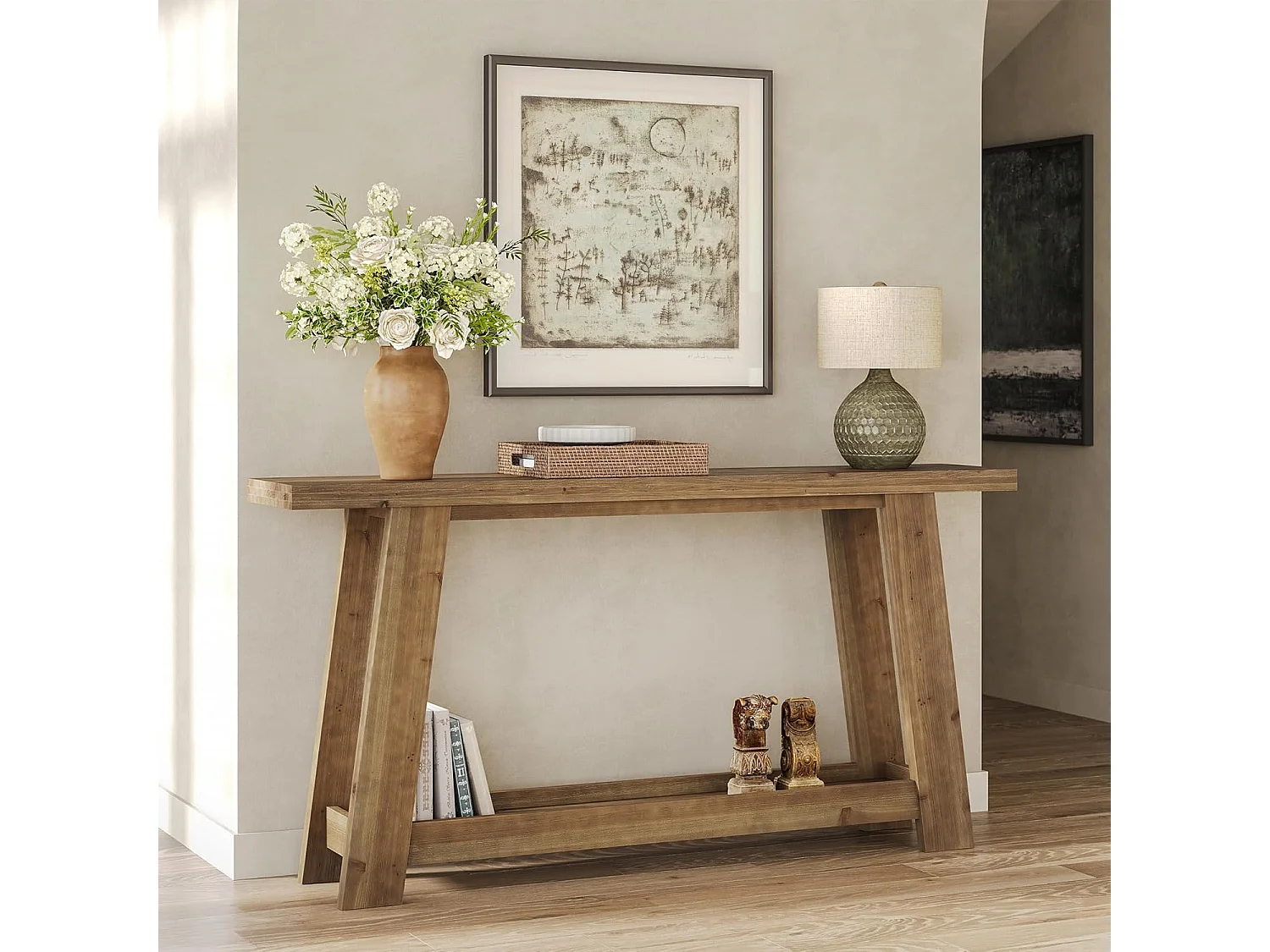 Mesa de Consola em Madeira Sólida de 160cm, Mesa de Entrada Rural com Prateleira de 2 Níveis