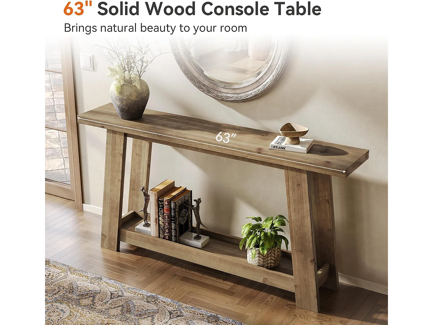 Mesa de Consola em Madeira Sólida de 160cm, Mesa de Entrada Rural com Prateleira de 2 Níveis