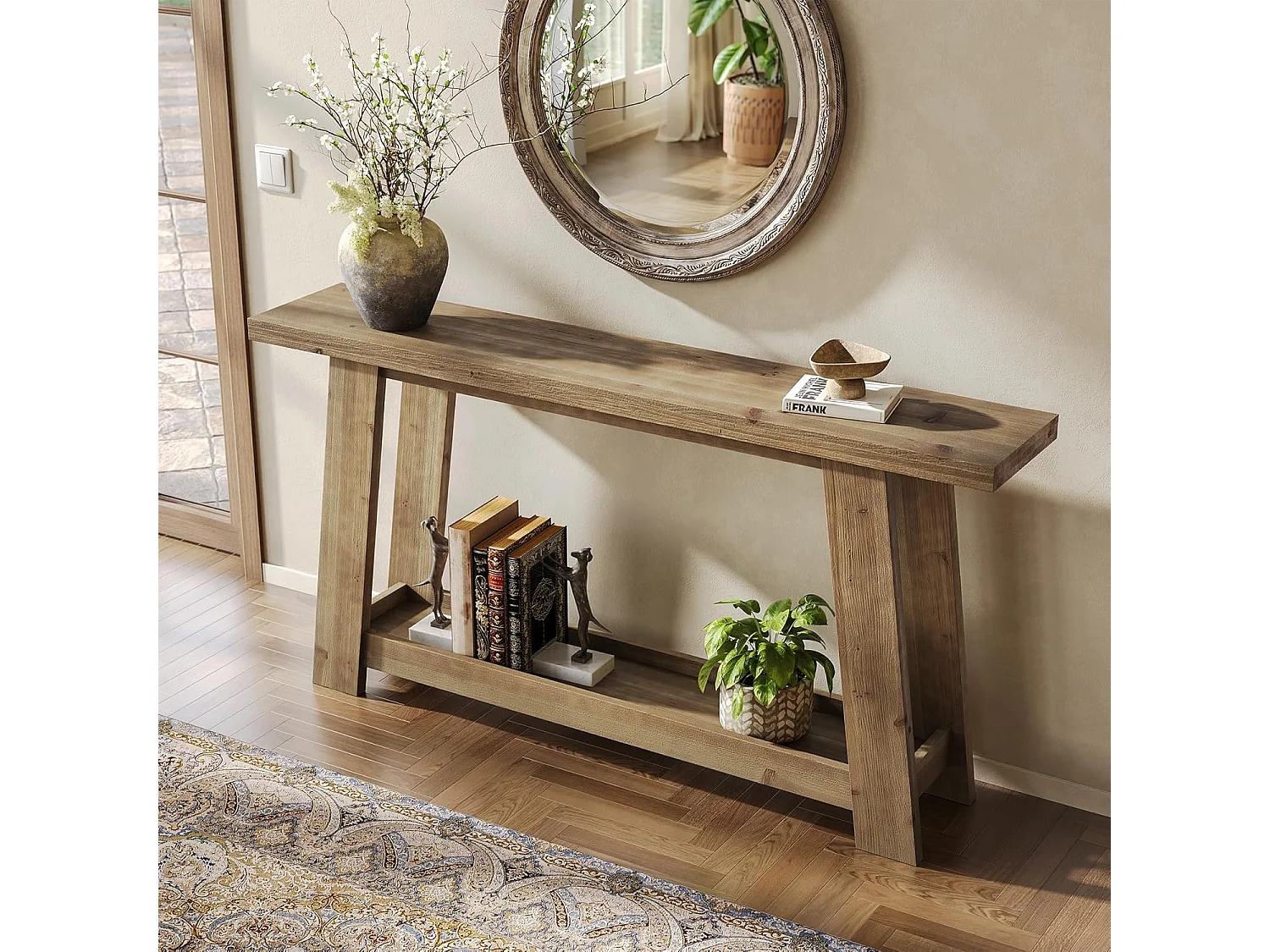 Mesa de Consola em Madeira Sólida de 160cm, Mesa de Entrada Rural com Prateleira de 2 Níveis