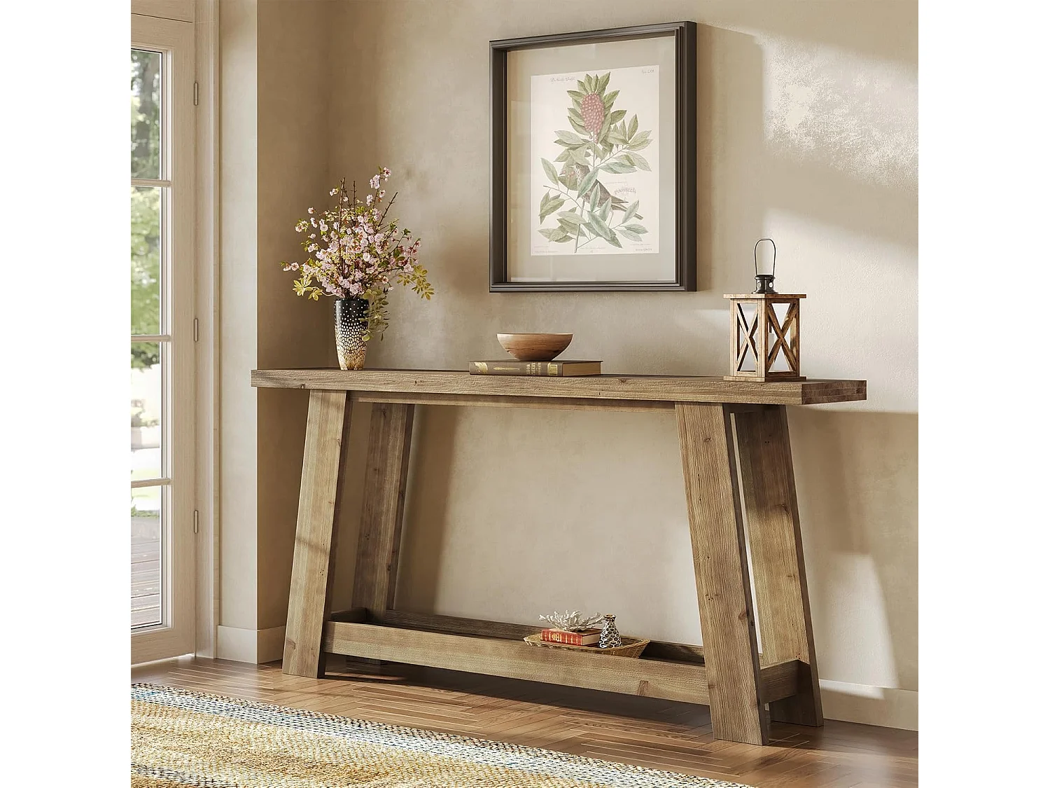 Mesa de Consola em Madeira Sólida de 160cm, Mesa de Entrada Rural com Prateleira de 2 Níveis