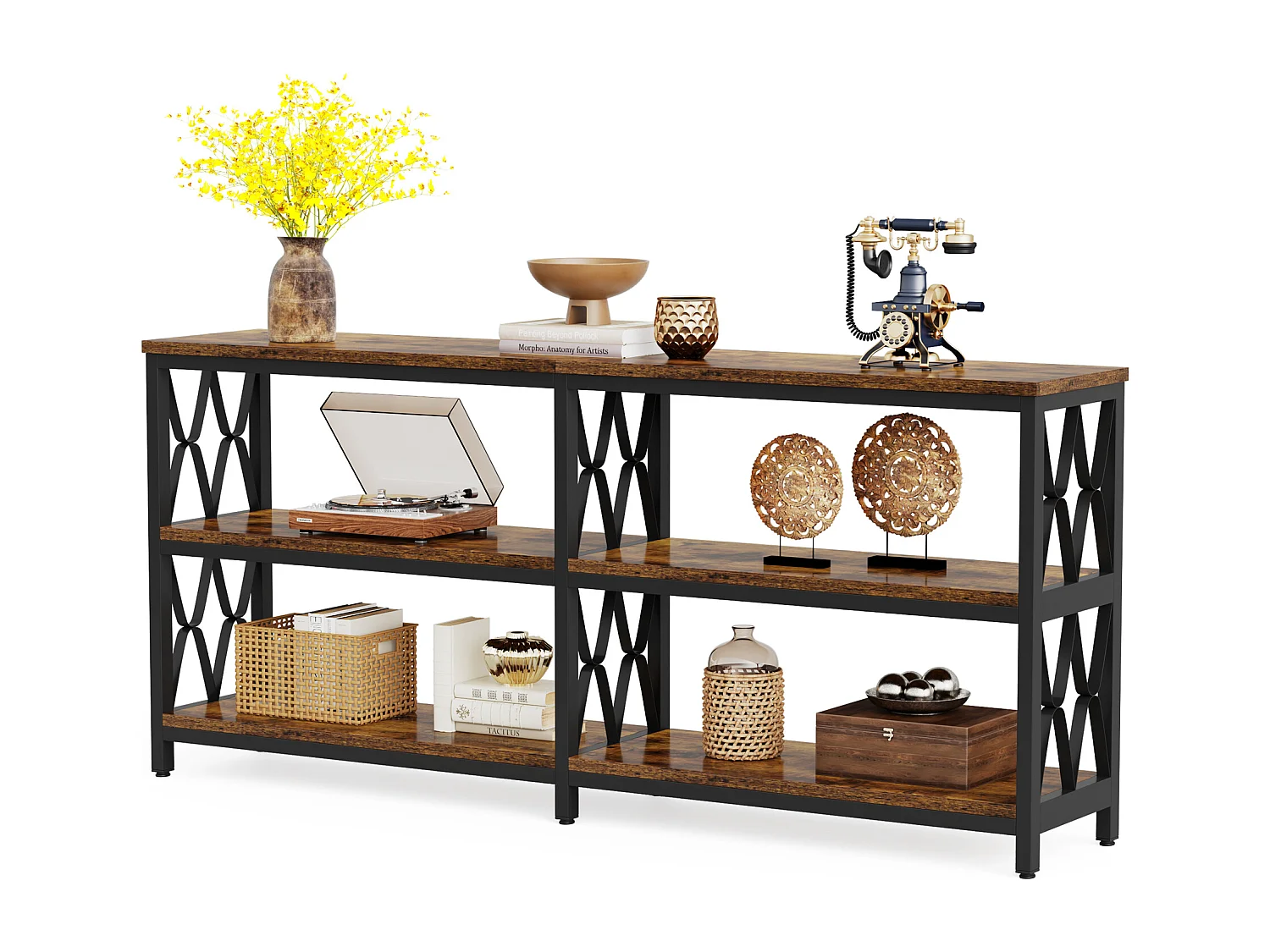 Mesa de Console com Prateleiras de Armazenamento, Mesa de Sofá Industrial de 180cm com 3 Andares para Sala de Estar