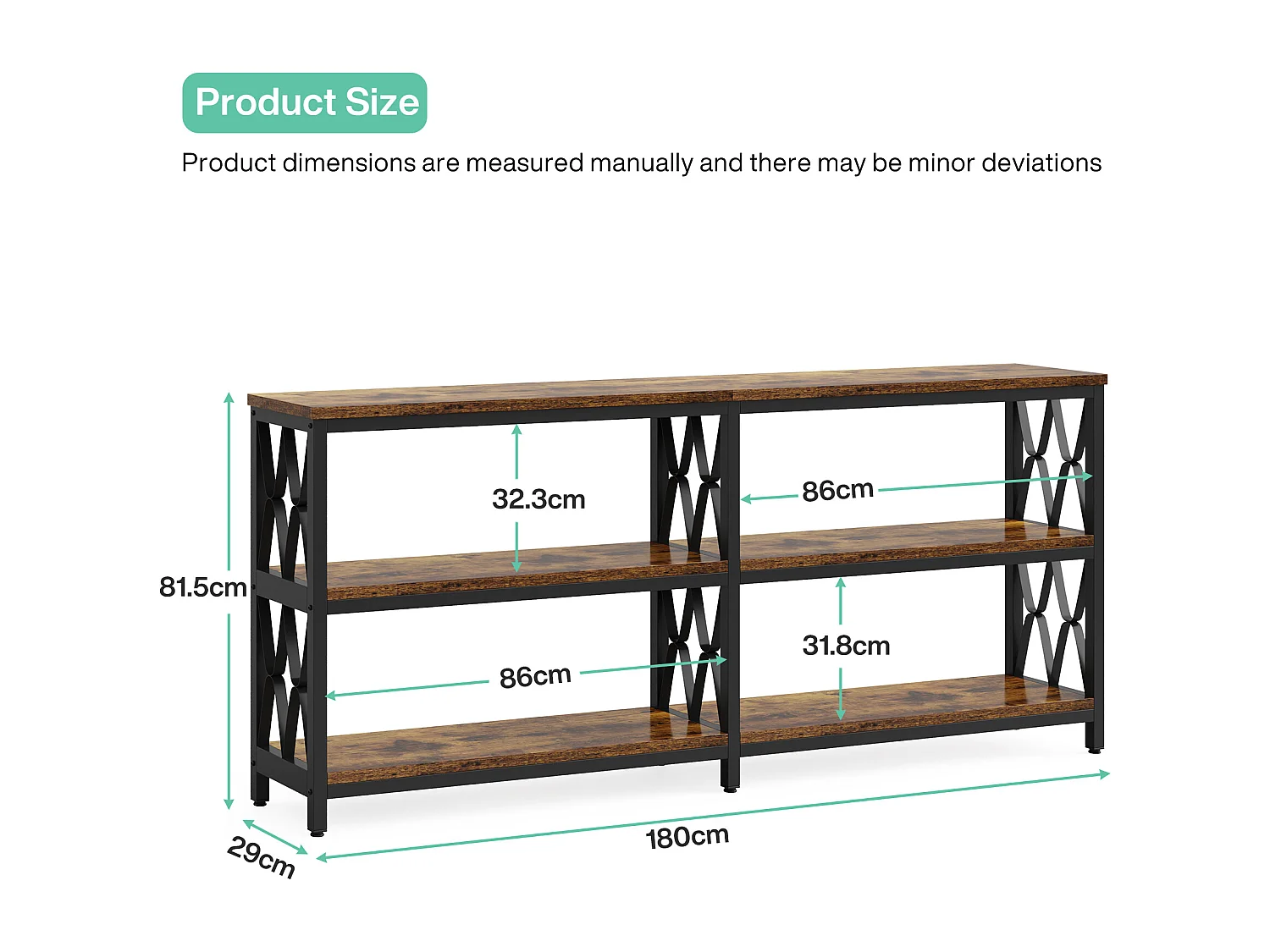 Mesa de Console com Prateleiras de Armazenamento, Mesa de Sofá Industrial de 180cm com 3 Andares para Sala de Estar