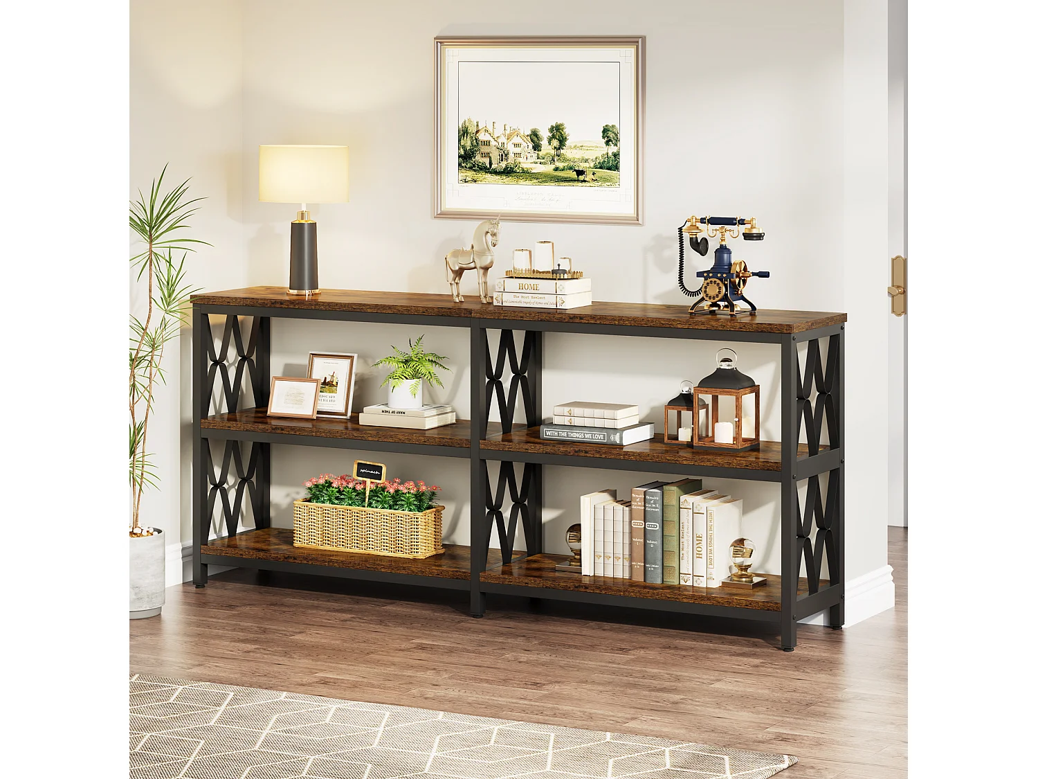 Mesa de Console com Prateleiras de Armazenamento, Mesa de Sofá Industrial de 180cm com 3 Andares para Sala de Estar