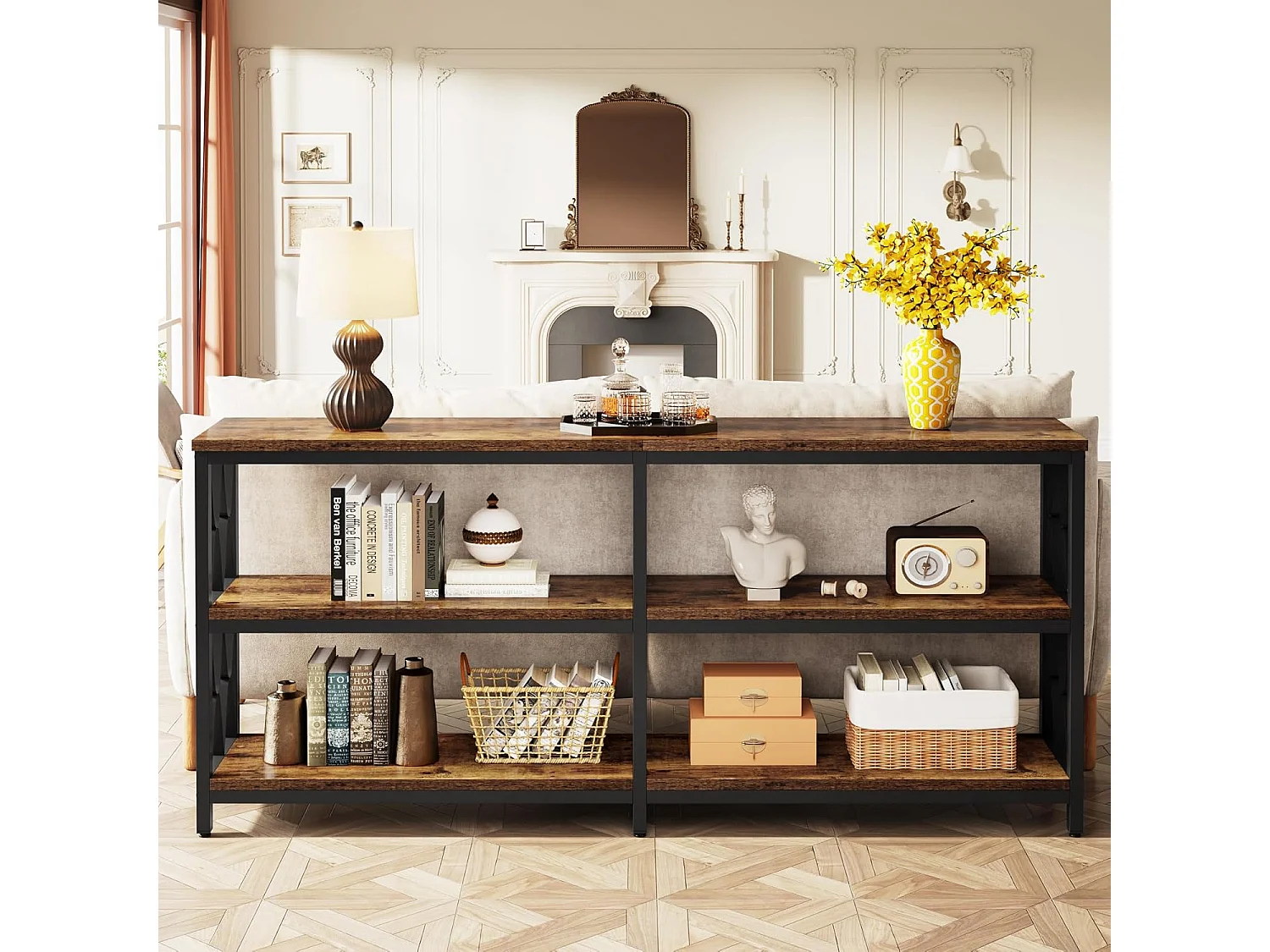 Mesa de Console com Prateleiras de Armazenamento, Mesa de Sofá Industrial de 180cm com 3 Andares para Sala de Estar