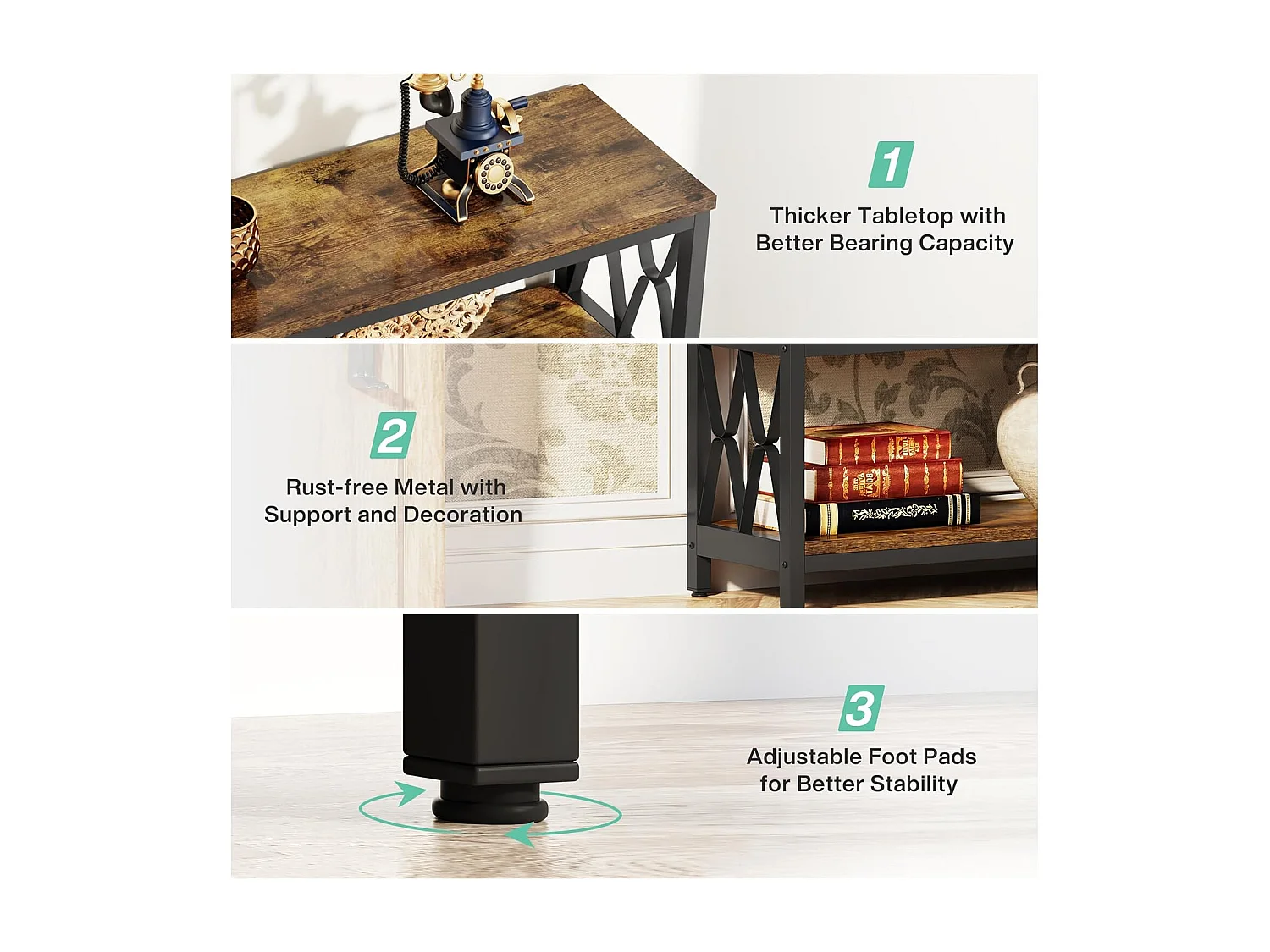 Mesa de Console com Prateleiras de Armazenamento, Mesa de Sofá Industrial de 180cm com 3 Andares para Sala de Estar