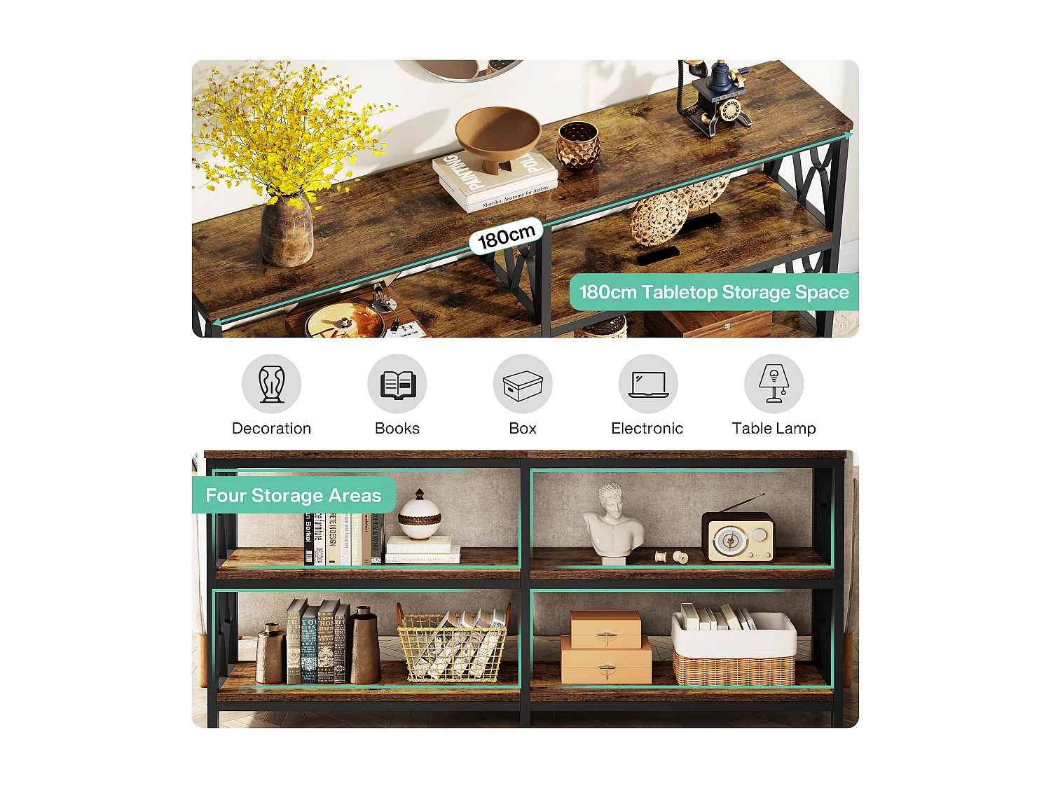 Mesa de Console com Prateleiras de Armazenamento, Mesa de Sofá Industrial de 180cm com 3 Andares para Sala de Estar