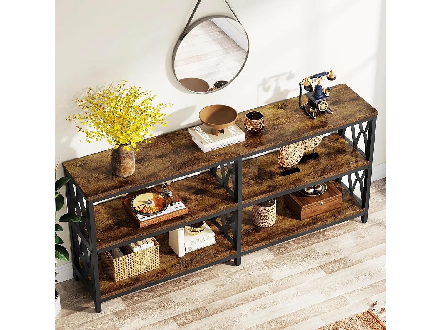 Mesa de Console com Prateleiras de Armazenamento, Mesa de Sofá Industrial de 180cm com 3 Andares para Sala de Estar